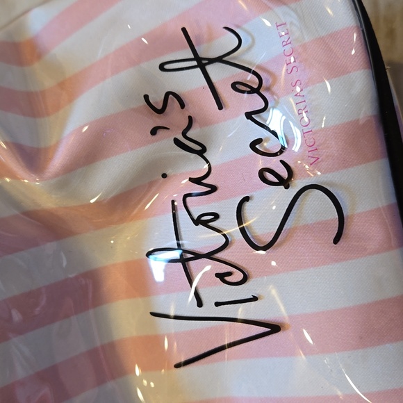 NWT Victoria's Secret Pink/White Striped Vinyl Zipper Travel Case - Picture 2 of 10